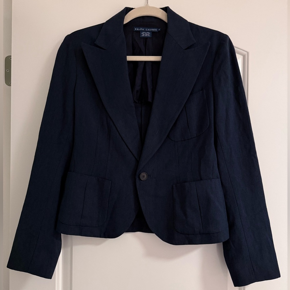 Ralph Lauren Navy Linen Blend Minimalist Tailored Blazer size 6